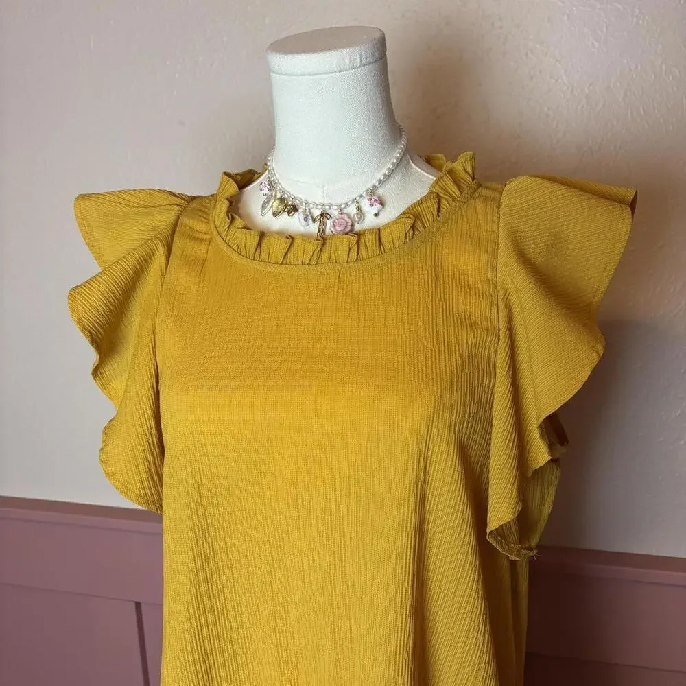 boho cottage fairy ruffle blouse dress entro sz small yellow office work